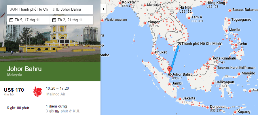 Bản đồ đường bay từ Hồ Chí Minh đi Johor Bahru