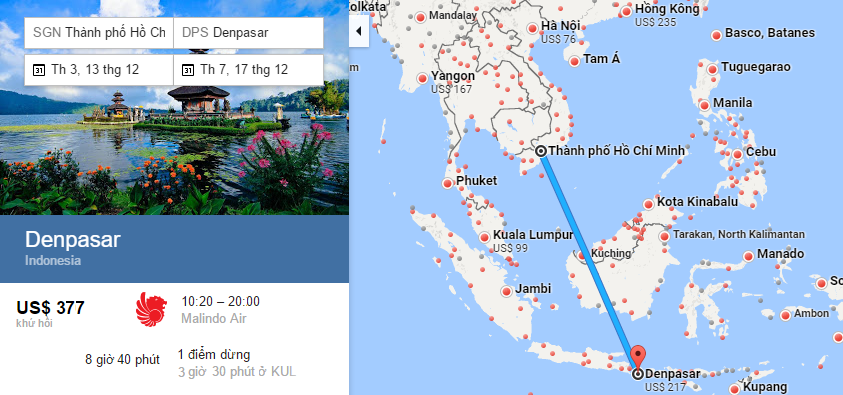 Bản đồ đường bay từ HCM đi Bali