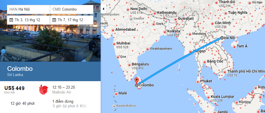Bản đồ đường bay từ Hà Nội đi Colombo