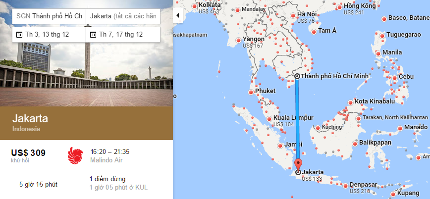 Bản đồ đường bay từ TP Hồ Chí Minh đi Jakarta, Indonesia