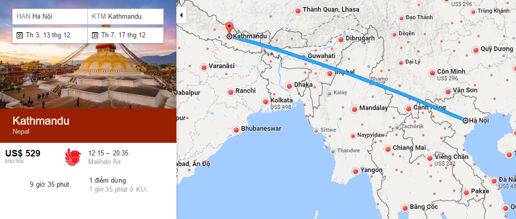 Bản đồ đường bay từ Hà Nội đi Kathmandu