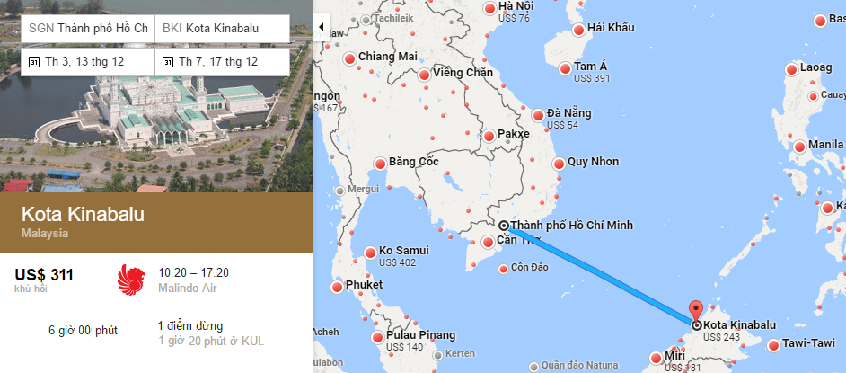 Bản đồ đường bay từ Hồ Chí Minh đi Kota Kinabalu