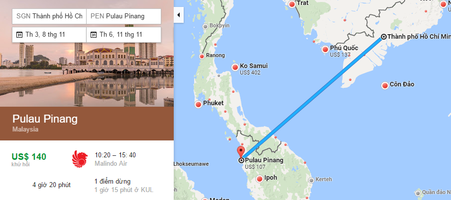 Bản đồ đường bay từ Hồ Chí Minh đi Penang