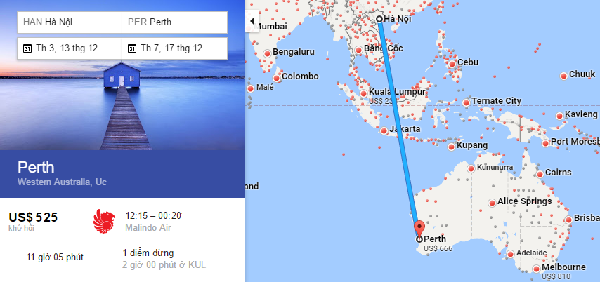 Bản đồ đường bay từ Hà Nội đi Perth