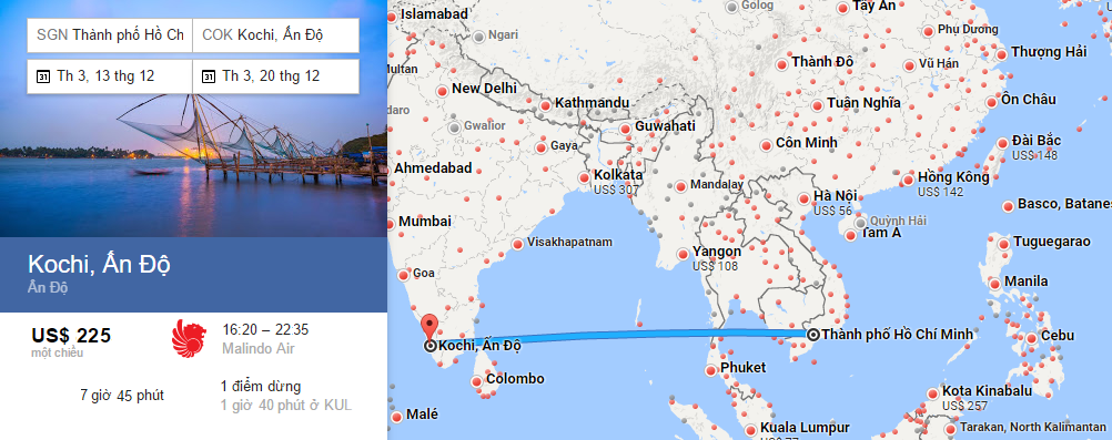 Bản đồ đường bay từ HCM đi Kochi