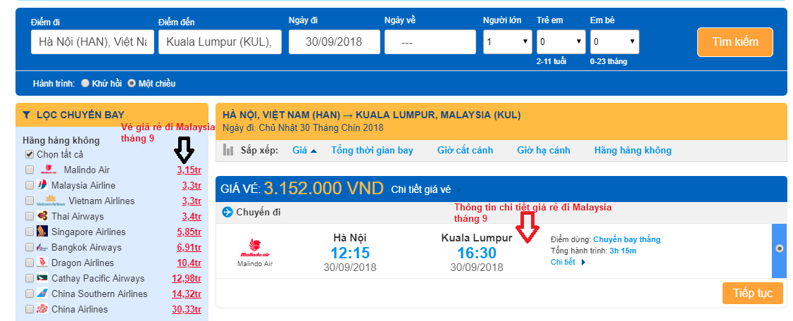 Giá vé máy bay đi Malaysia giá rẻ tháng 9/2018